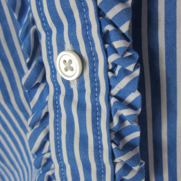 Lands End Women 14 Blue White Stripe Cotton Shirt Blouse Ruffle Nautical Classic - Picture 10 of 10